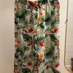 SHEIN White Tropical Print Wide Leg Pants with Green & Red Floral